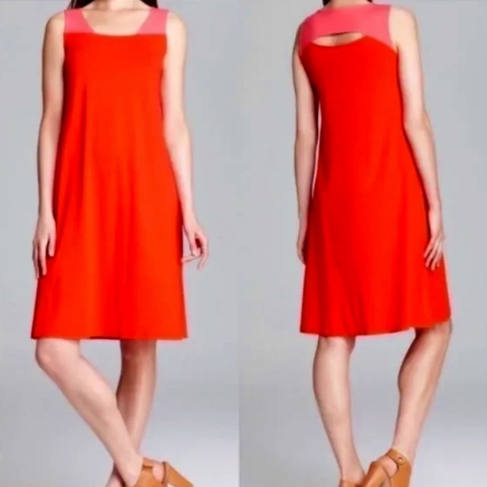 EUC Eileen Fisher Colorblock Cutout Dress Coral Orange & Pink Size Petite Small
